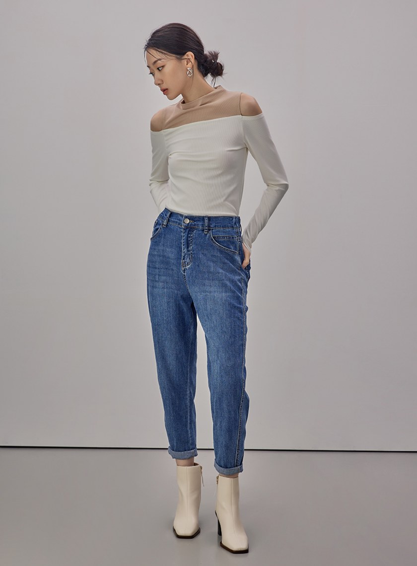 挖肩拼色細節長袖上衣